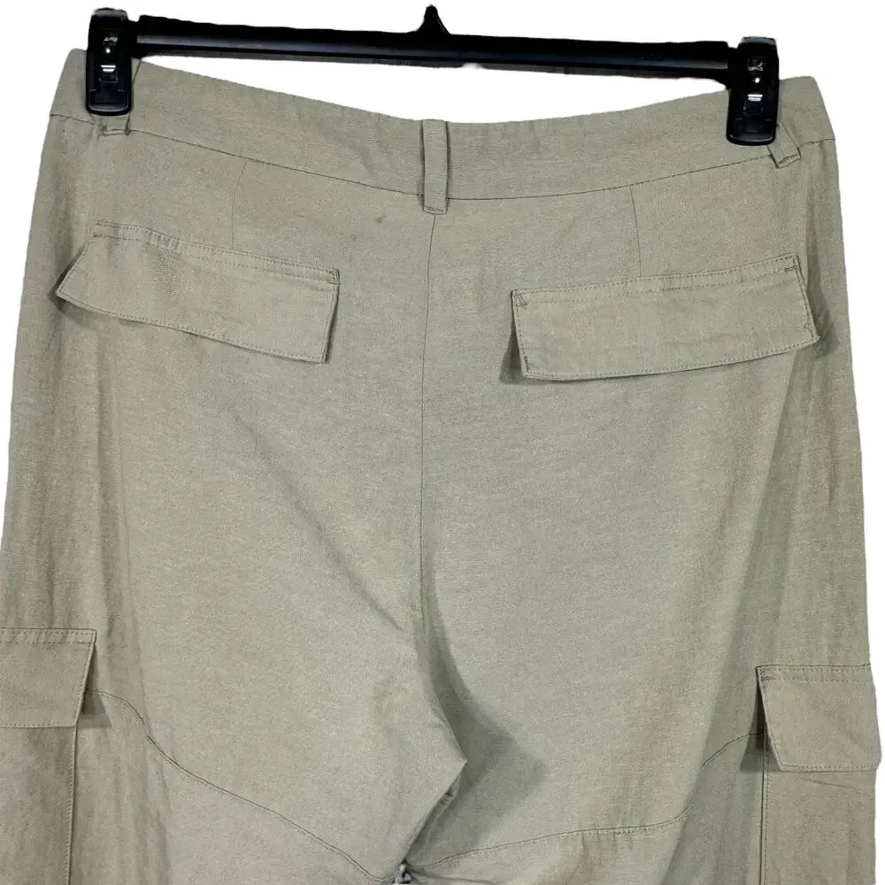 H&M SZ 14 Wide Straight Leg Pants Linen Blend Cargo Pocket Hi-Rise Zip-Fly Beige